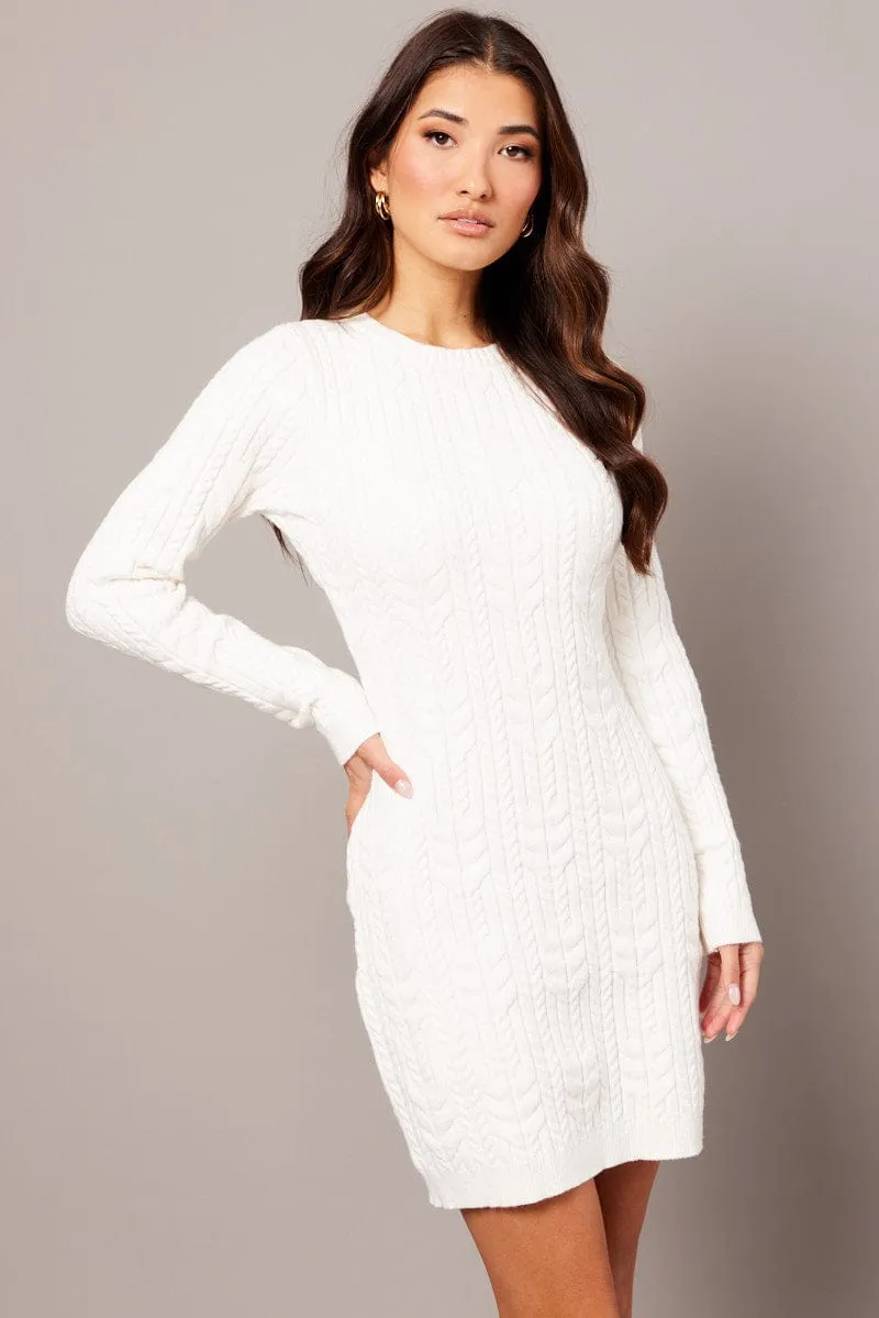 White Knit Dress Long Sleeve Cable Mini sold by Ally Fashion product image thumbnail 3