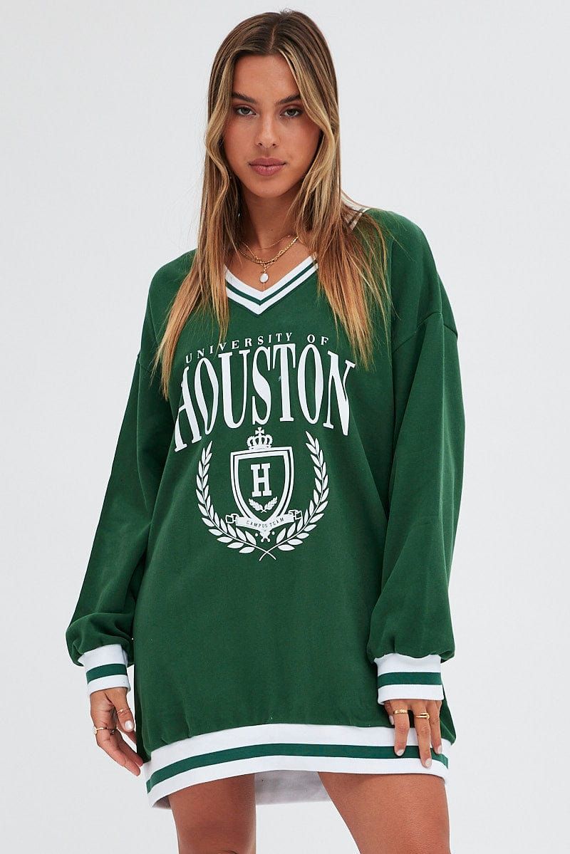 Green Print Varsity Sweater V Neck Stripe Tipping Dress sold by Ally Fashion product image thumbnail 3