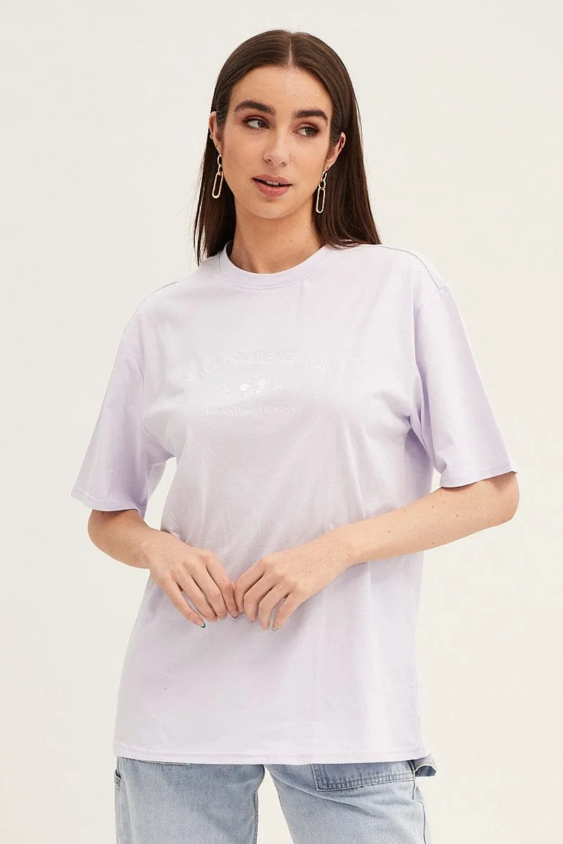 Purple Embroidered Crew Neck Oversized Tee sold by Ally Fashion
