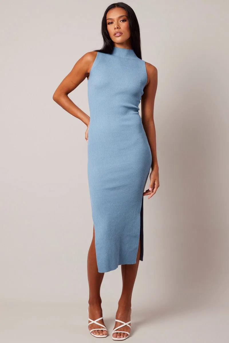 Blue Knit Dress High Neck Midi sold by Ally Fashion