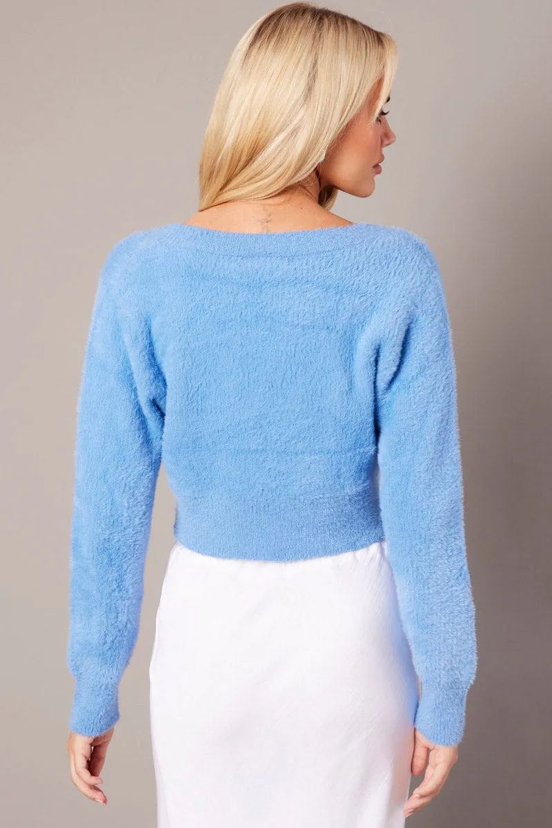 Blue Fluffy Knit Cardigan Long Sleeve V Neck sold by Ally Fashion product image thumbnail 5