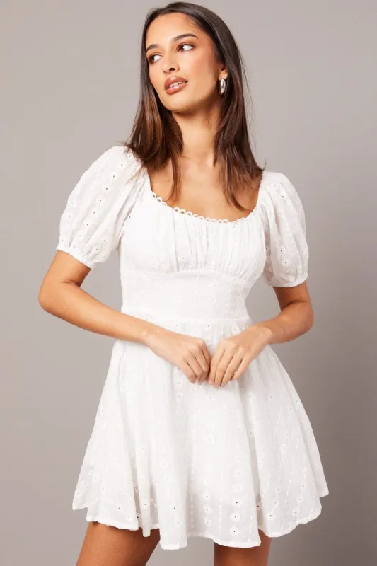 White Fit And Flare Dress Puff Sleeve Eyelet sold by Ally Fashion