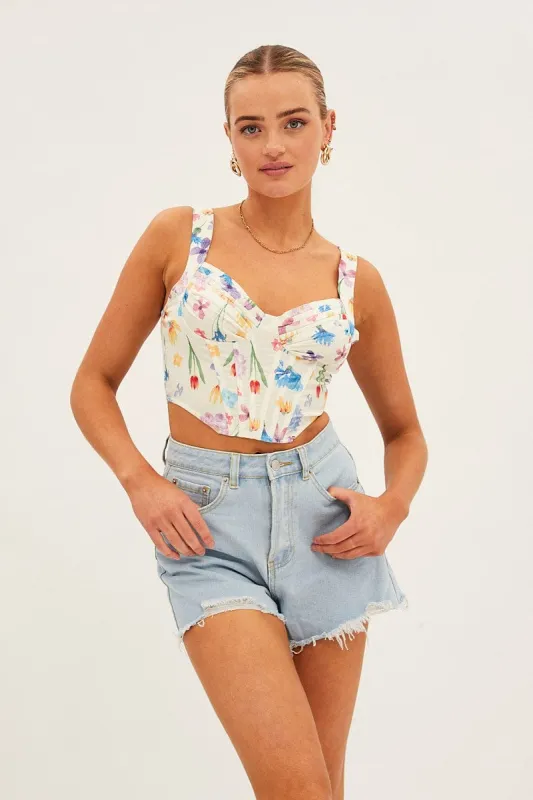 White Floral Floral Print Ruched Corset Top sold by Ally Fashion