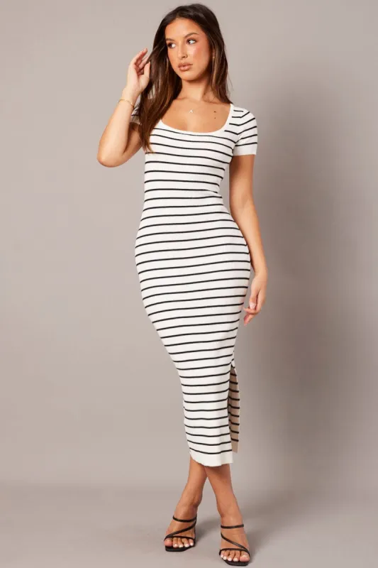White Stripe Knit Dress Short Sleeve Bodycon Midi sold by Ally Fashion