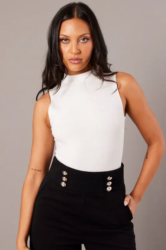 White Bodysuit Sleeveless High Neck sold by Ally Fashion