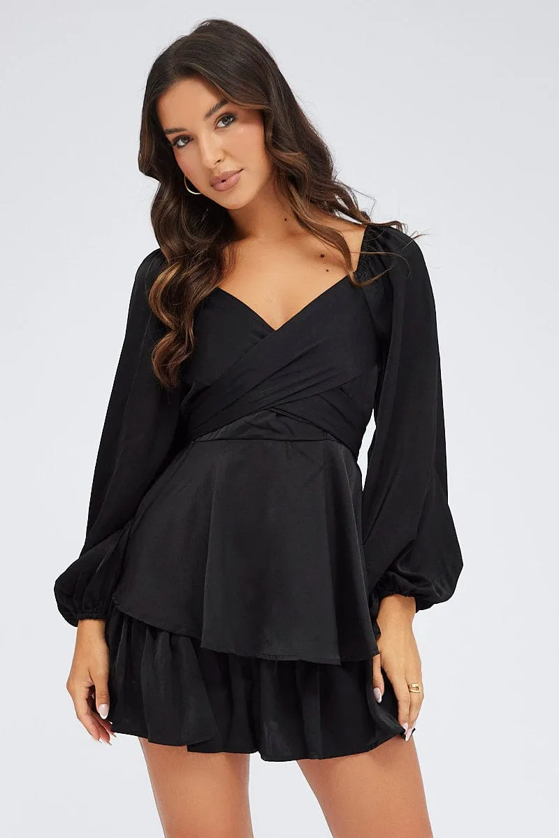 Black Playsuit Long Sleeve V-Neck Waist Tie Matte Satin sold by Ally Fashion product image thumbnail 3