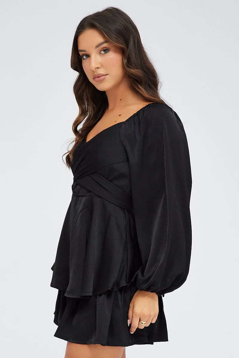 Black Playsuit Long Sleeve V-Neck Waist Tie Matte Satin sold by Ally Fashion product image thumbnail 4