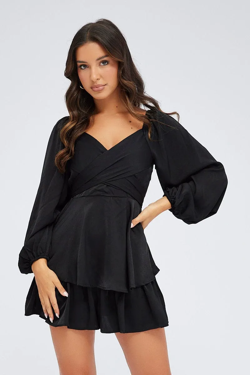 Black Playsuit Long Sleeve V-Neck Waist Tie Matte Satin sold by Ally Fashion