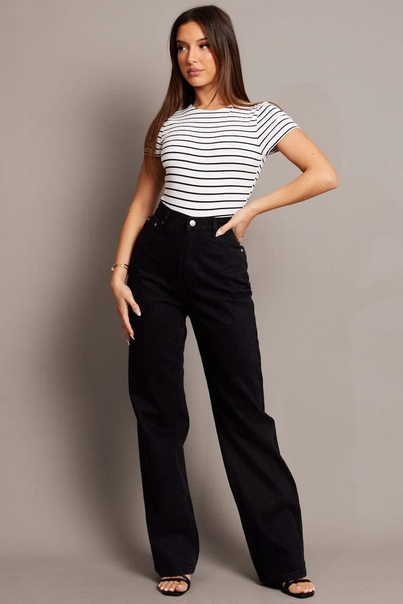 Black Stripe Bodysuit Short Sleeve Crew Neck Supersoft sold by Ally Fashion product image thumbnail 2