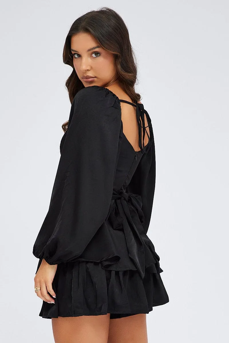 Black Playsuit Long Sleeve V-Neck Waist Tie Matte Satin sold by Ally Fashion product image thumbnail 5