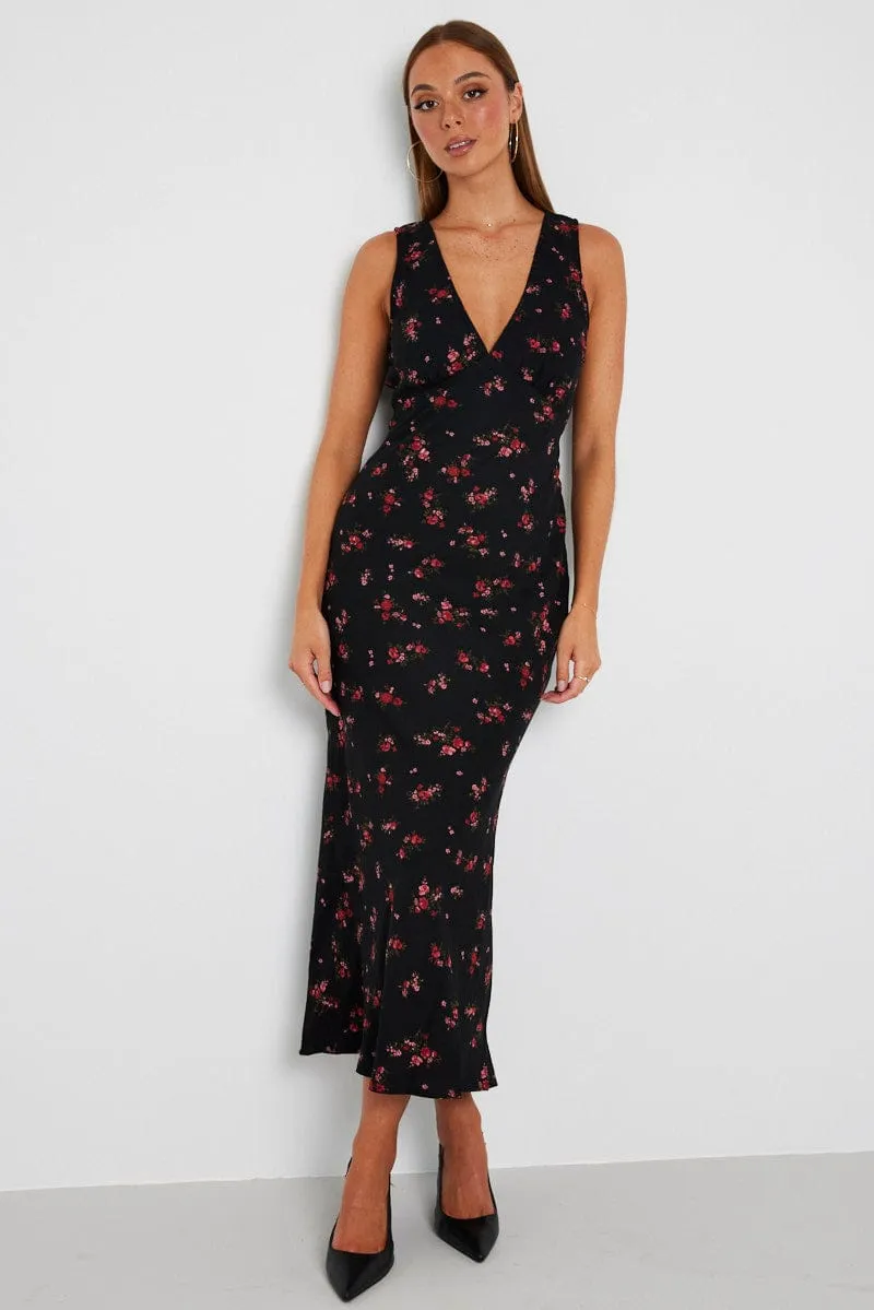 Black Floral Maxi Dress V-Neck Sleevelss sold by Ally Fashion product image thumbnail 2