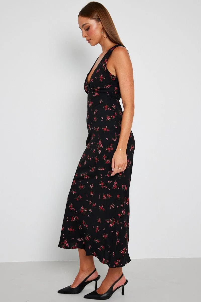 Black Floral Maxi Dress V-Neck Sleevelss sold by Ally Fashion product image thumbnail 4