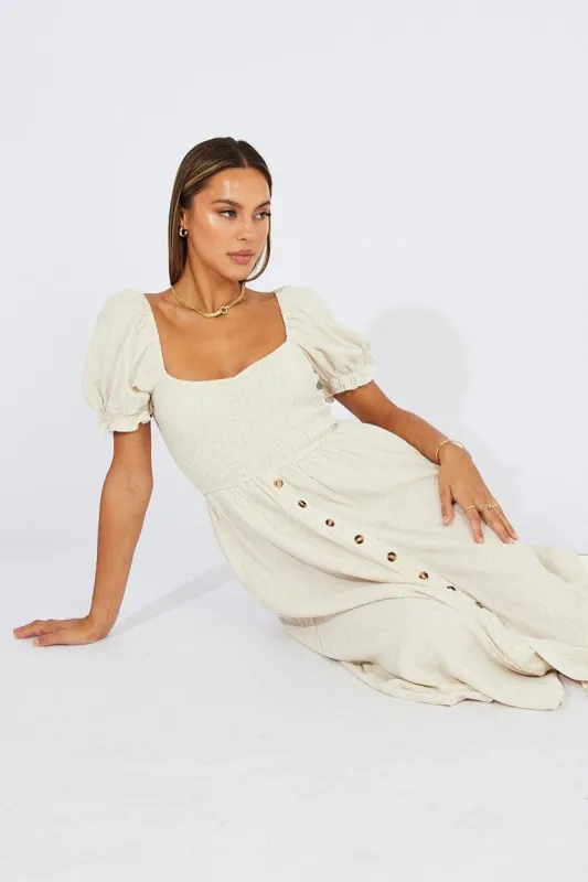 Beige Midi Dress Puff Sleeve Linen Blend sold by Ally Fashion