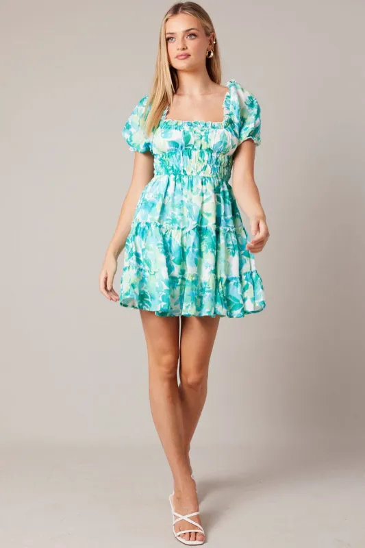 Green Floral Fit And Flare Dress Puff Sleeve sold by Ally Fashion