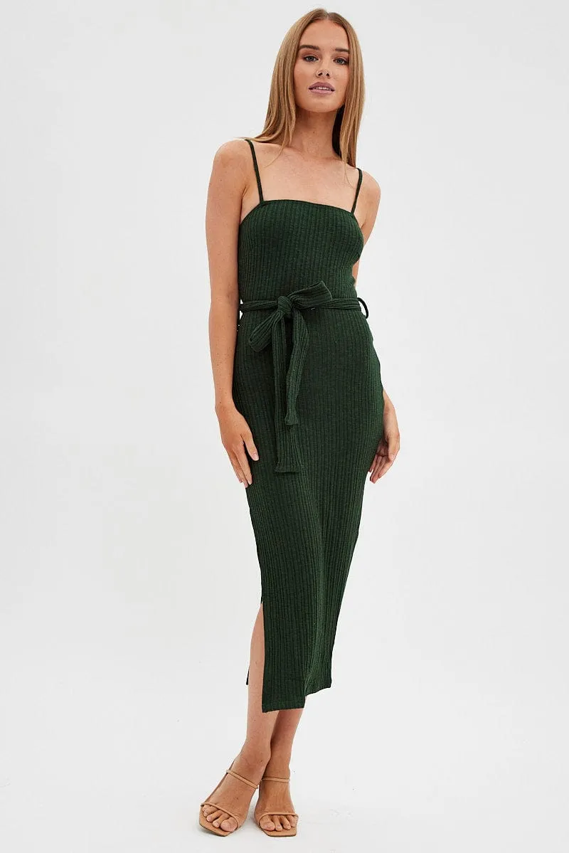 Green Maxi Dress Bodycon Tie Belted Rib sold by Ally Fashion