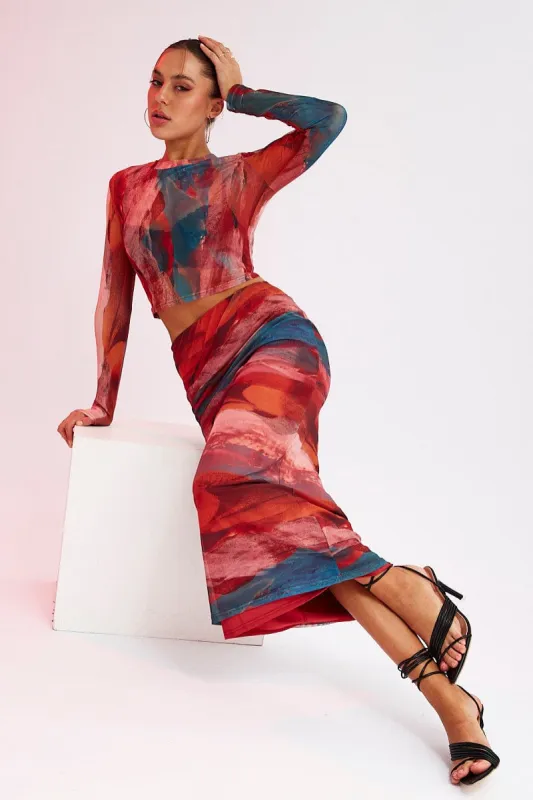Brown Abstract Maxi Skirt High Rise Mesh sold by Ally Fashion