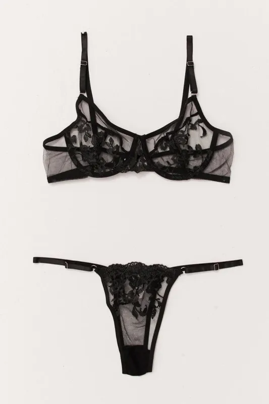 Black Floral Embroidered Mesh Lingerie Set sold by Ally Fashion