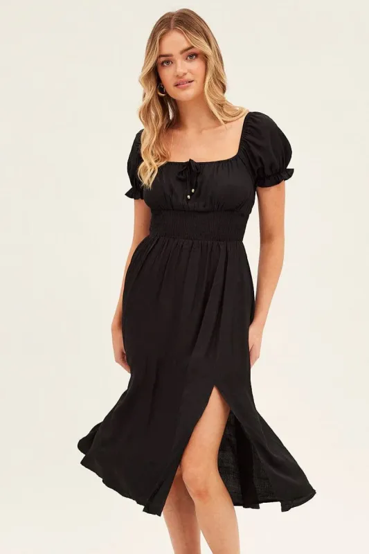 Black Midi Dress Puff Sleeve Square Neck Front Split sold by Ally Fashion