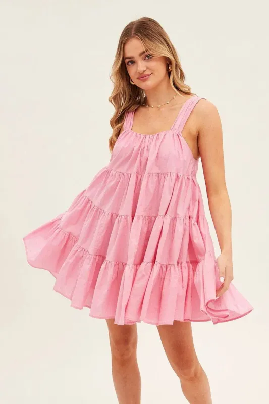 Pink Mini Dress Round Neck Tiered Smock sold by Ally Fashion