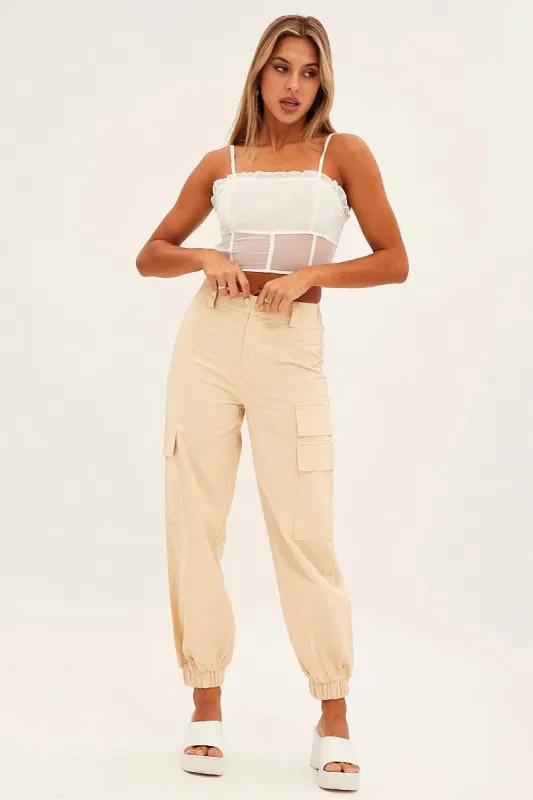 Camel High Rise Wide Leg Cargo Pants sold by Ally Fashion