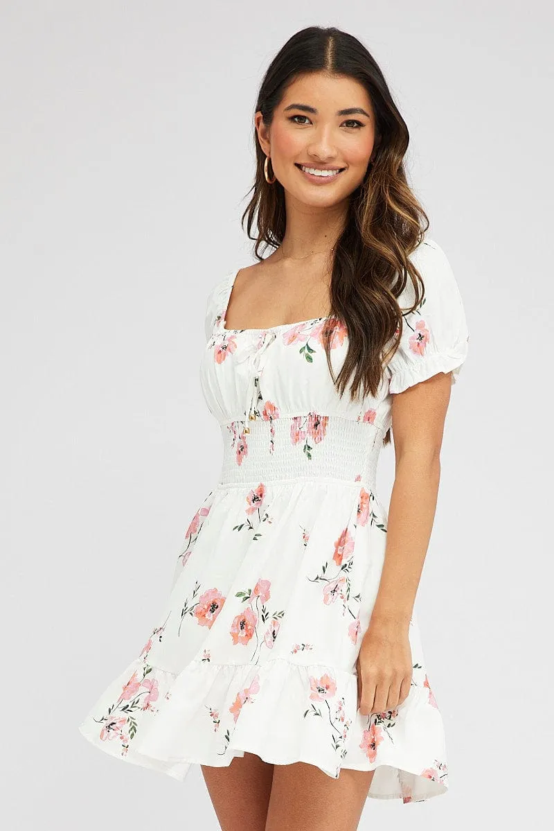 Pink Floral Fit And Flare Dress Puff Sleeve Mini sold by Ally Fashion product image thumbnail 3