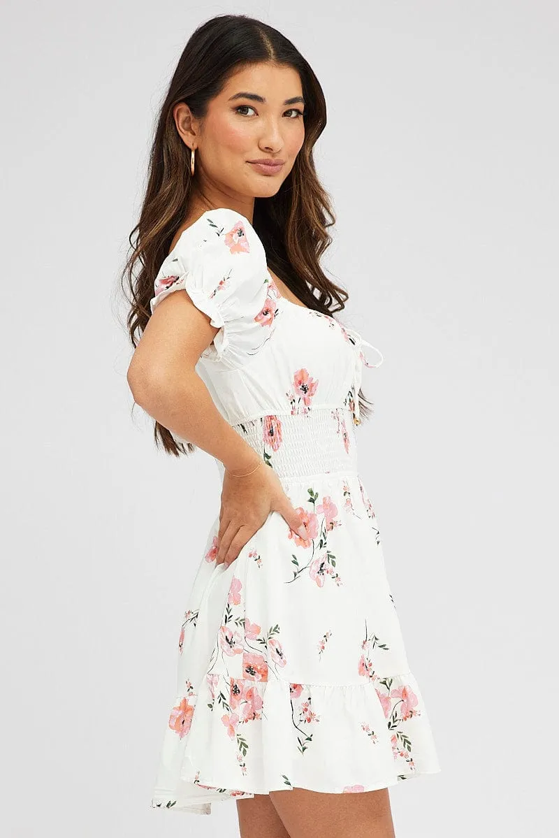 Pink Floral Fit And Flare Dress Puff Sleeve Mini sold by Ally Fashion product image thumbnail 4