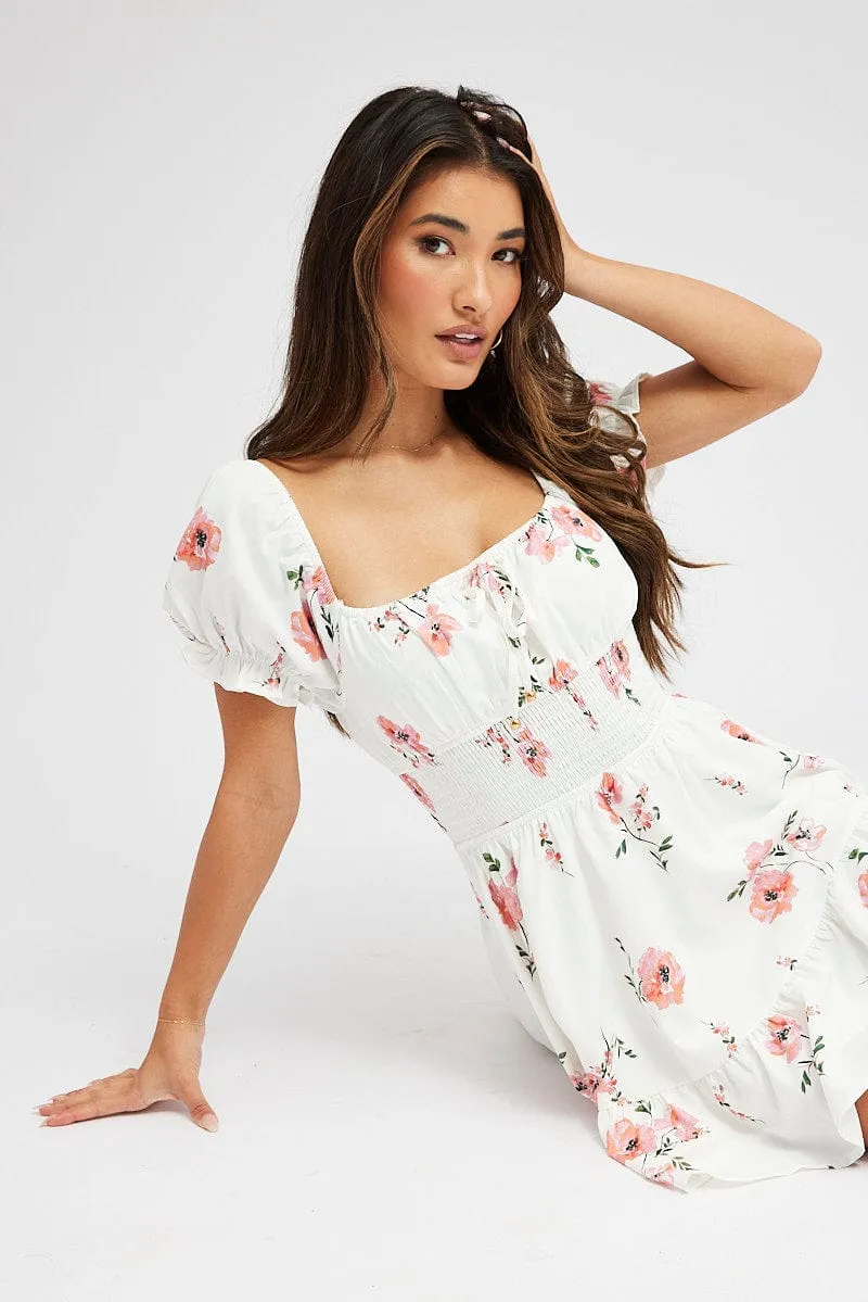 Pink Floral Fit And Flare Dress Puff Sleeve Mini sold by Ally Fashion