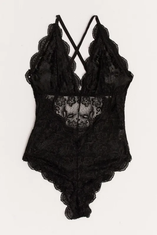 Black Floral Lace One Piece Teddy Bodysuit sold by Ally Fashion