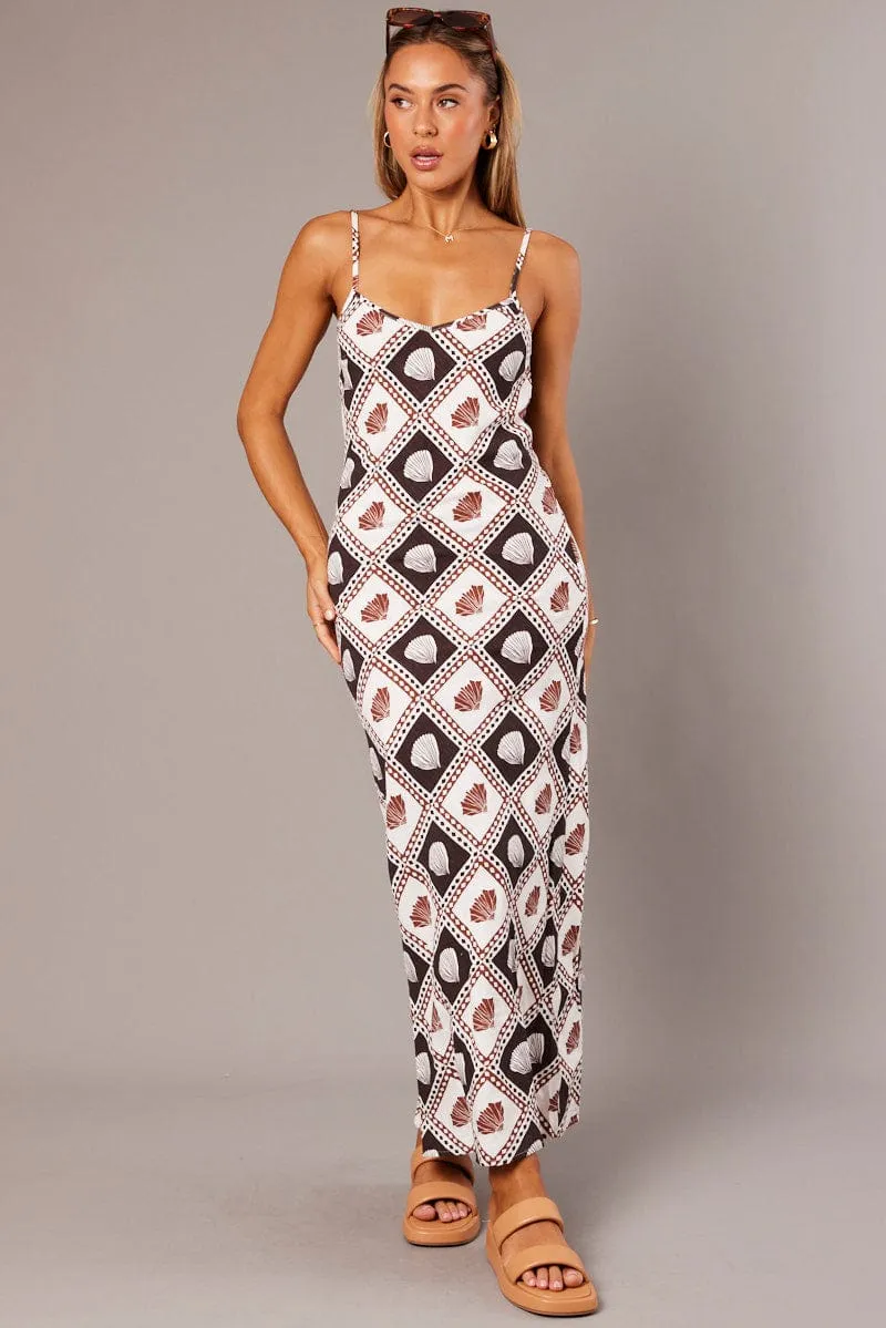 Brown Abstract Maxi Dress Bias Cut Linen Blend sold by Ally Fashion