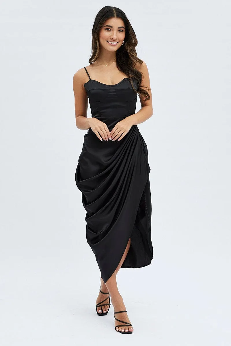 Black Satin Draped Strappy Midi Dress sold by Ally Fashion product image thumbnail 3