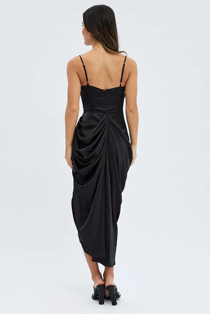 Black Satin Draped Strappy Midi Dress sold by Ally Fashion product image thumbnail 5