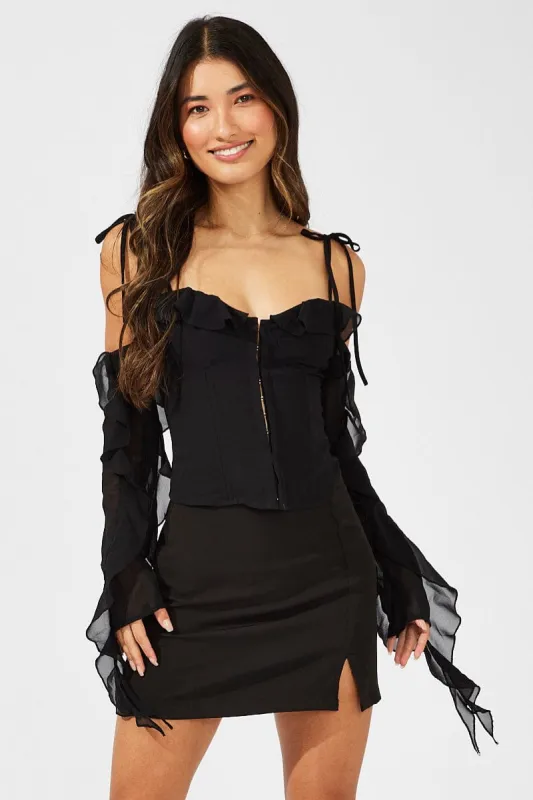 Black Corset Top Off The Shoulder Ruffle Sleeves sold by Ally Fashion