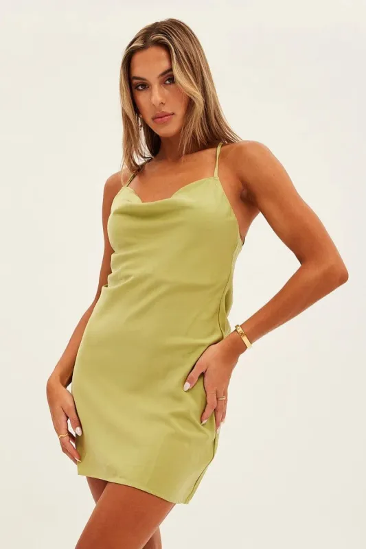 Lime Slip Dress Mini Sleeveless Cowl Satin sold by Ally Fashion