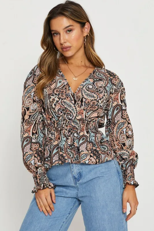 Print Peplum Top Long Sleeve sold by Ally Fashion