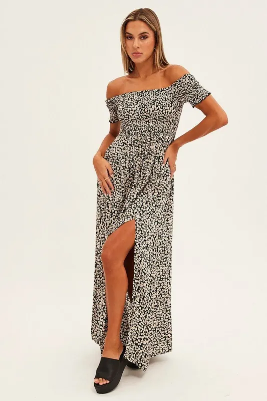 Black Floral Maxi Dress Short Sleeve Off Shoulder sold by Ally Fashion