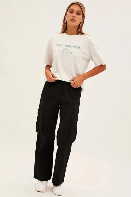 Black Elastic Waist High Rise Wide Leg Cargo Pants sold by Ally Fashion