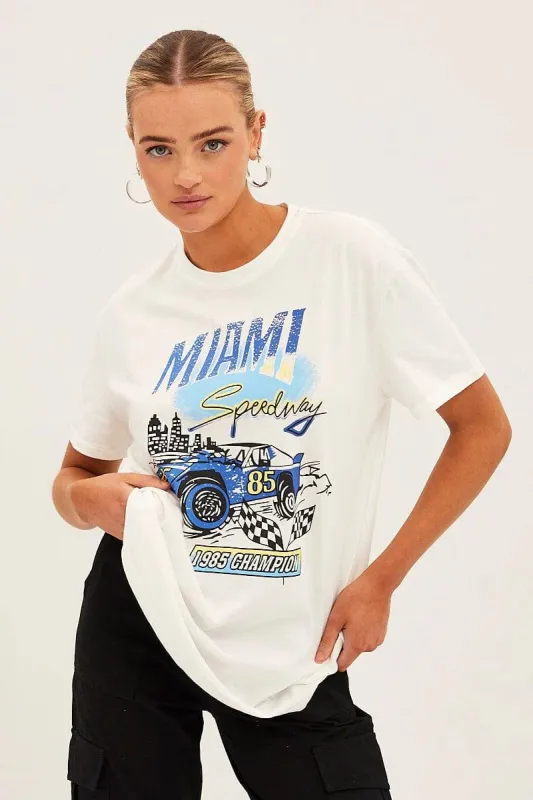 White Cotton Jersey Short Sleeve Miami Graphic Tee sold by Ally Fashion