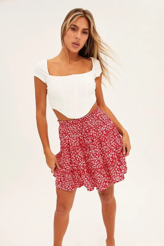 Red Floral Flare Skirt Mini High Rise sold by Ally Fashion