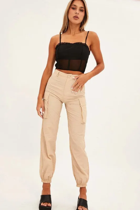 Camel High Rise Wide Leg Cargo Pants sold by Ally Fashion