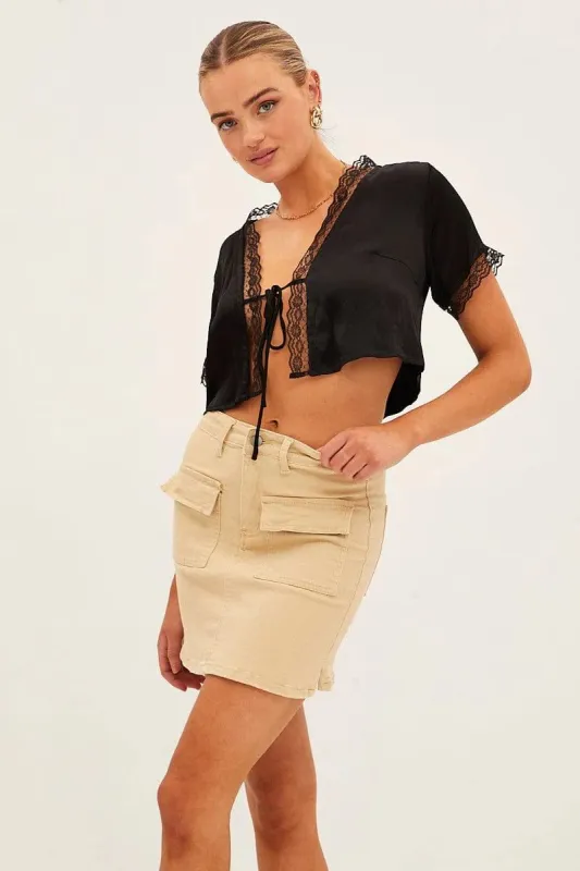 Camel High Rise Cargo Mini Denim Skirt sold by Ally Fashion