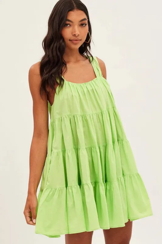 Green Mini Dress Round Neck Tiered Smock sold by Ally Fashion