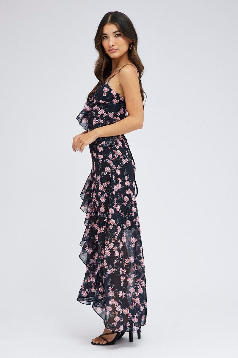 Black Floral Maxi Dress Sleeveless Ruffle Detailed Chiffon sold by Ally Fashion product image thumbnail 4