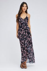 Blue Floral Maxi Dress Sleeveless Ruffle Detailed Chiffon sold by Ally Fashion