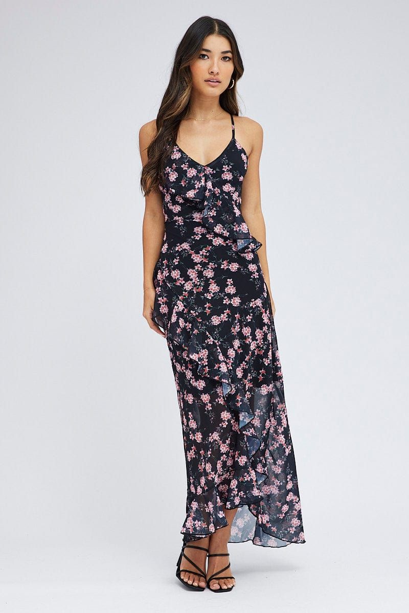 Black Floral Maxi Dress Sleeveless Ruffle Detailed Chiffon sold by Ally Fashion