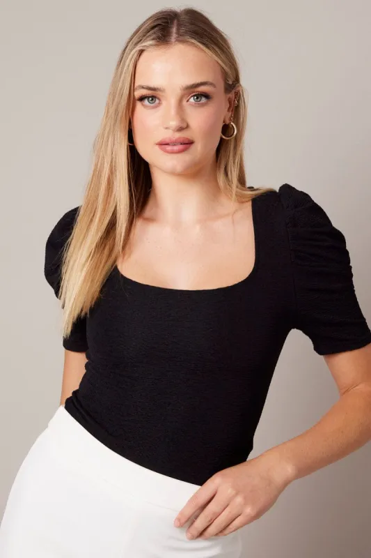 Black Bodysuit Short Sleeve Textured sold by Ally Fashion