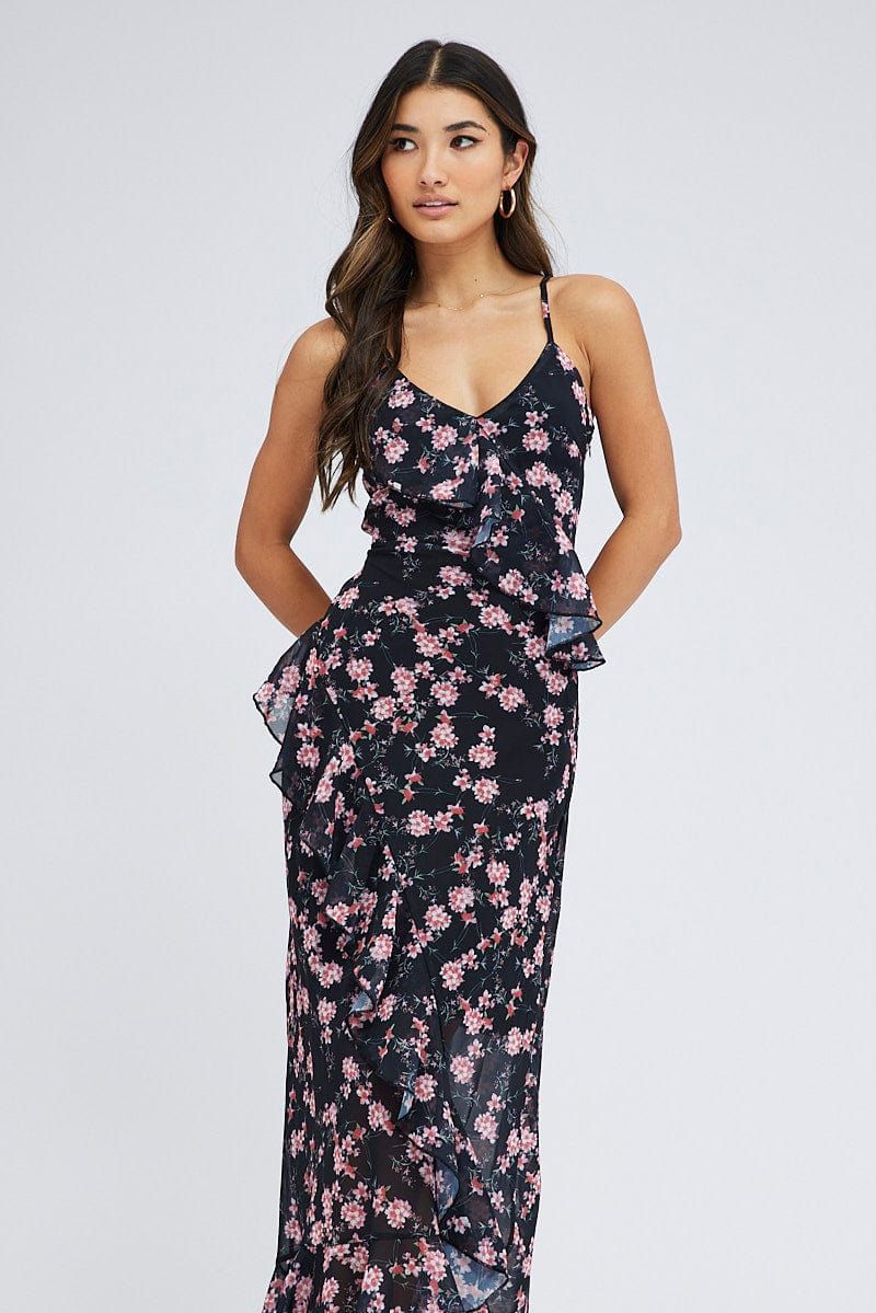 Black Floral Maxi Dress Sleeveless Ruffle Detailed Chiffon sold by Ally Fashion product image thumbnail 2