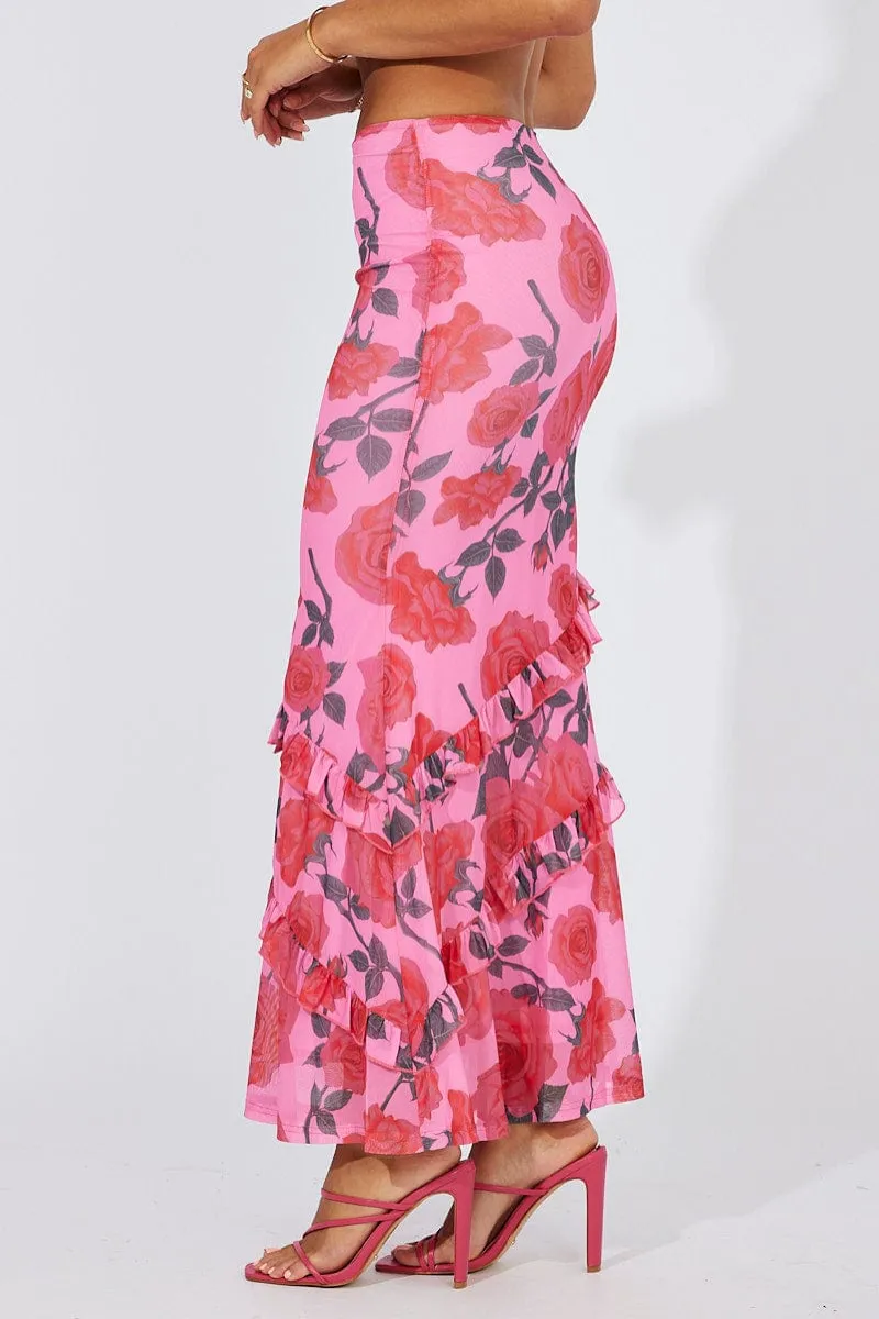 Multi Floral Maxi Skirt Mesh Asymmetric Ruffle sold by Ally Fashion