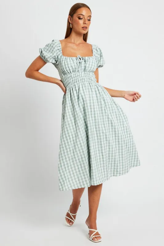Green Check Midi Dress Short Sleeve Ruched Bust sold by Ally Fashion