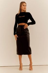 Black PU Midi Skirt High Rise Pencil Faux Leather sold by Ally Fashion