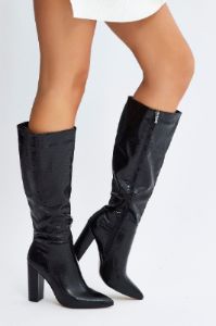 Black Heeled Knee High Boots in Croc sold by Ally Fashion